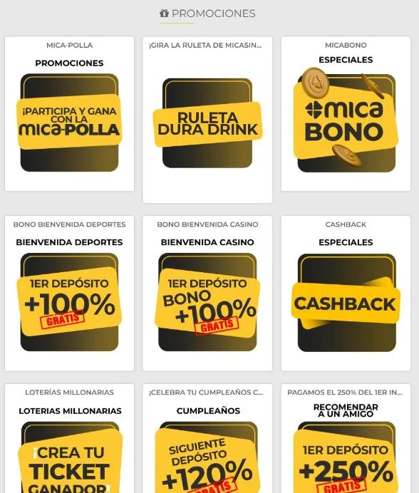 Página de promociones de MiCasino con las tarjetas de bienvenida deportes, bienvenida casino, cashback, cumpleaños y recomendar a un amigo