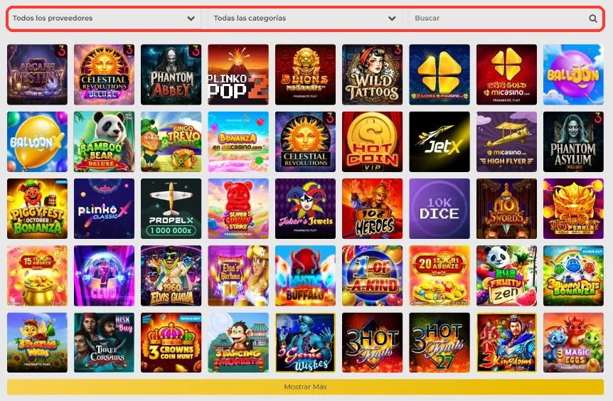 Catálogo de juegos de MiCasino con los filtros Todos los proveedores, Todas las categorías y el buscador sobre la parrilla de tragamonedas