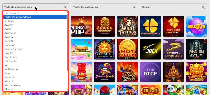 Lista desplegable de proveedores del casino de MiCasino, con Evoplay, Microgaming, Konami y Betsoft entre otros