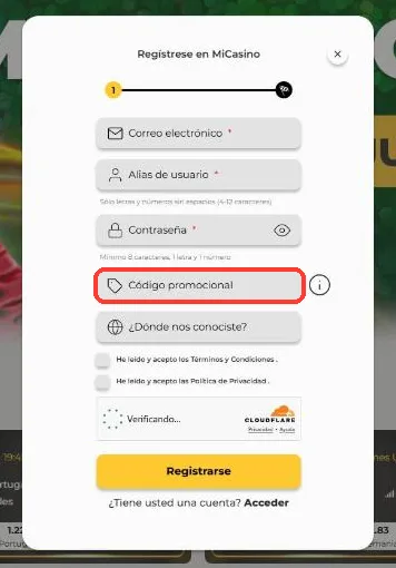 Campo Código promocional señalado en el primer paso del formulario de registro de MiCasino