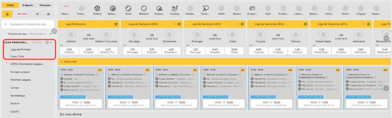 Casa de apuestas de MiCasino con el menú de ligas principales, entre ellas Liga de Primera y Copa Chile, y las cuotas 1X2 del día