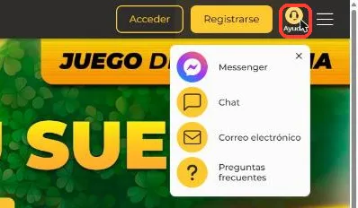 Menú del botón Ayuda de MiCasino con los canales Messenger, Chat, Correo electrónico y Preguntas frecuentes