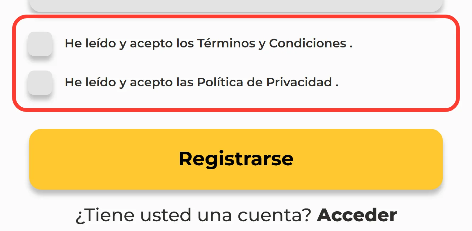 Casillas de términos y condiciones y política de privacidad en MiCasino