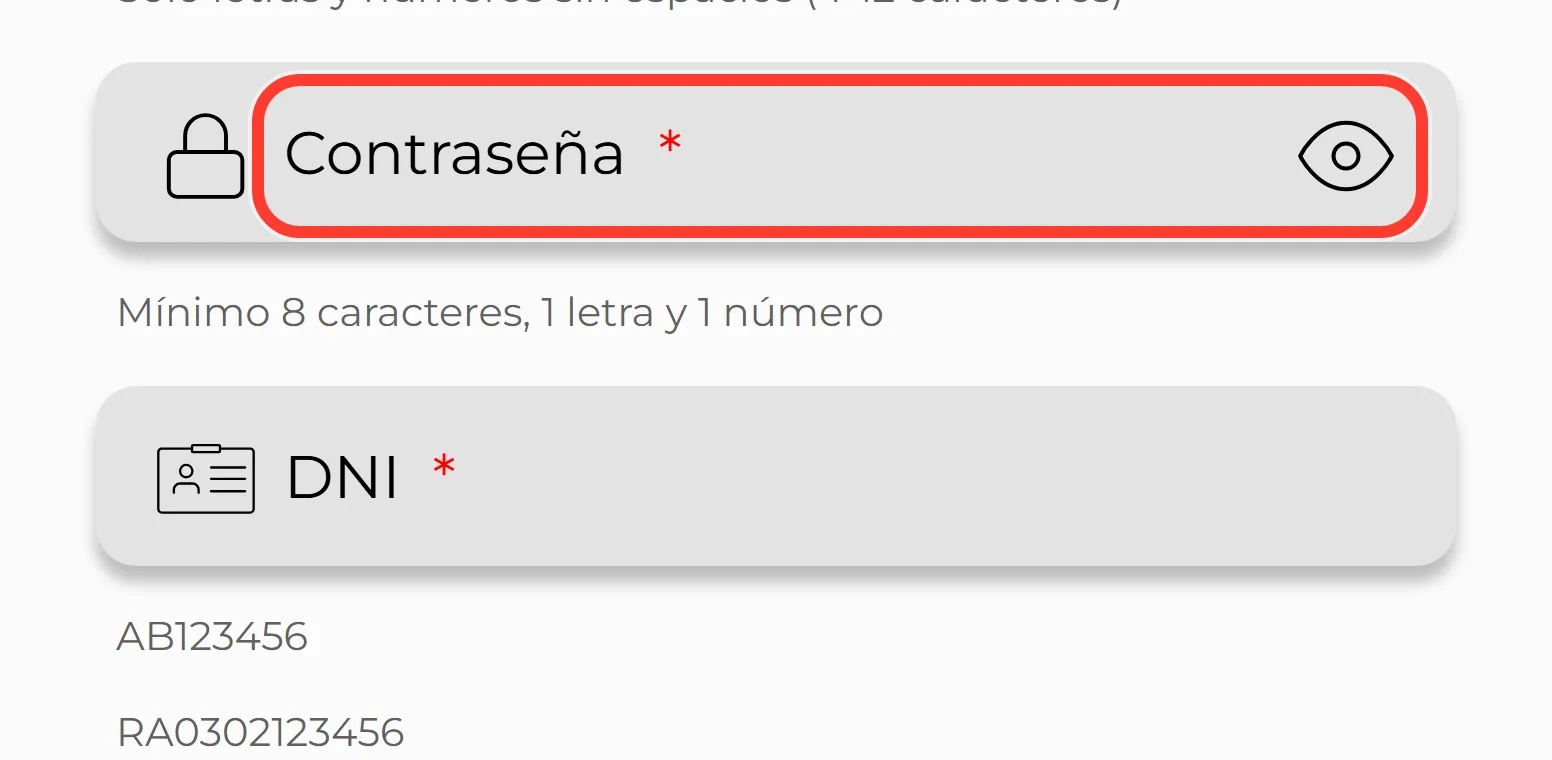 Campo de contraseña del formulario de registro de MiCasino