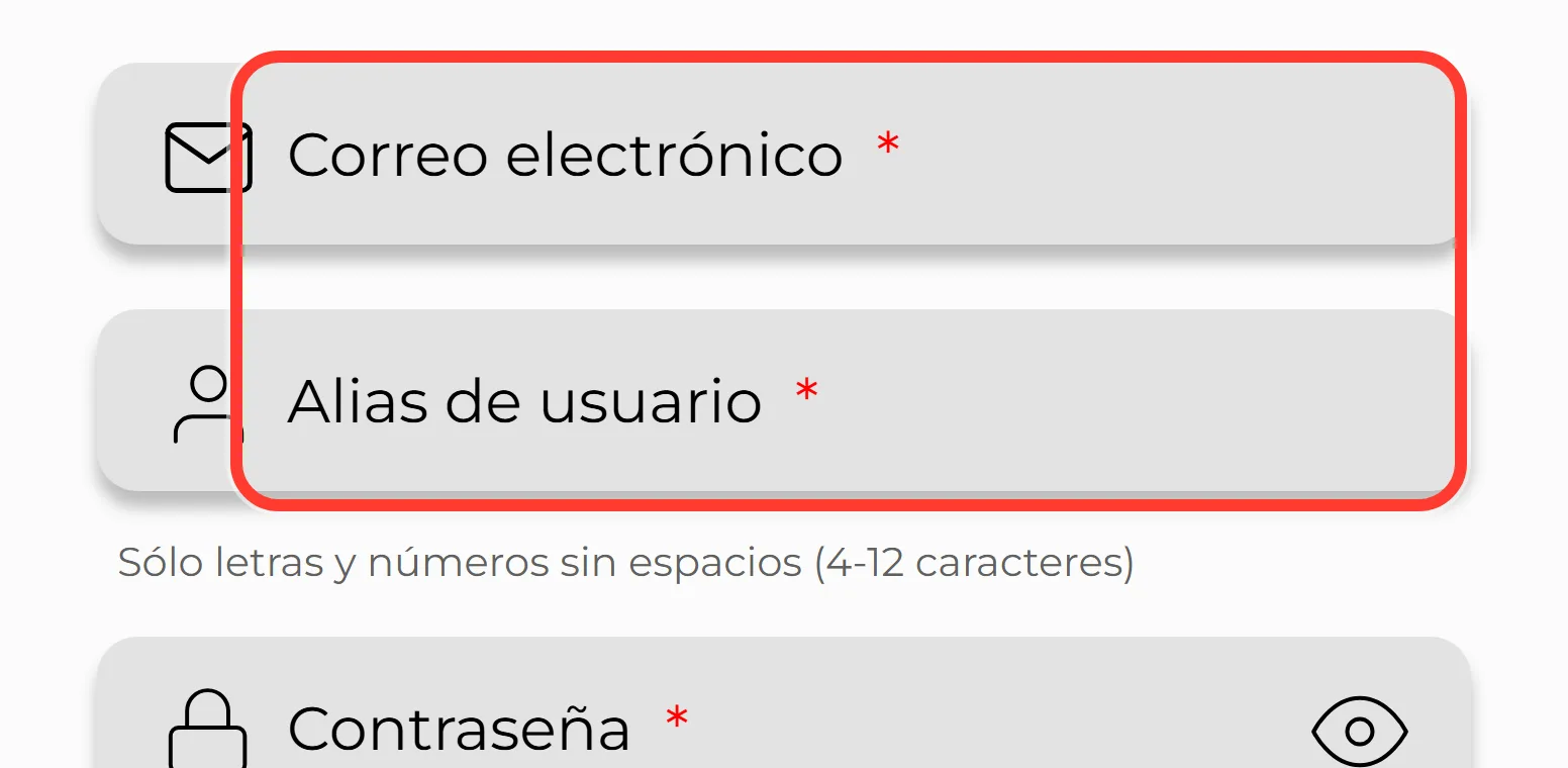 Campos de correo electrónico y alias de usuario en el registro de MiCasino